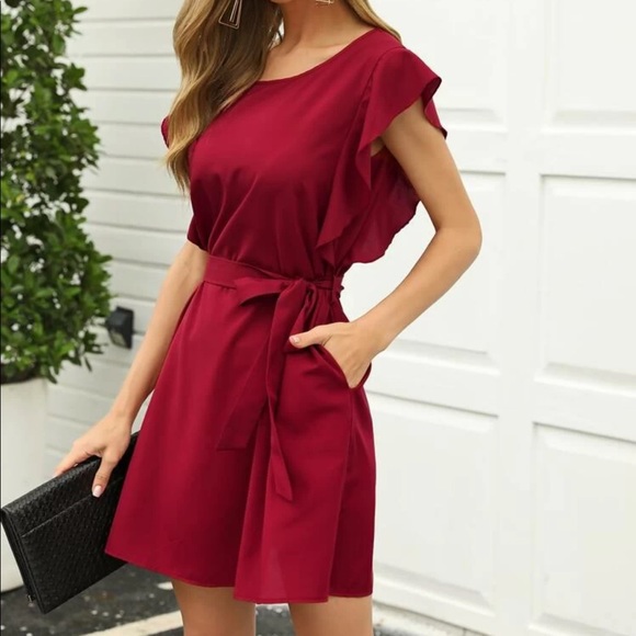 Ruffle frill belted short sleeve dress w/ pockets - Picture 8 of 10